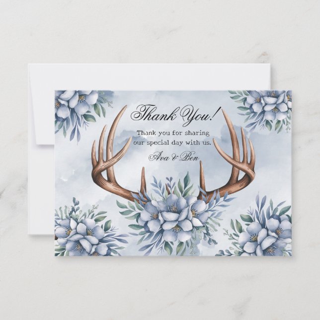 Tarjeta De Agradecimiento Boho Deer Antler Dusty Blue Floral Gracias (Anverso)