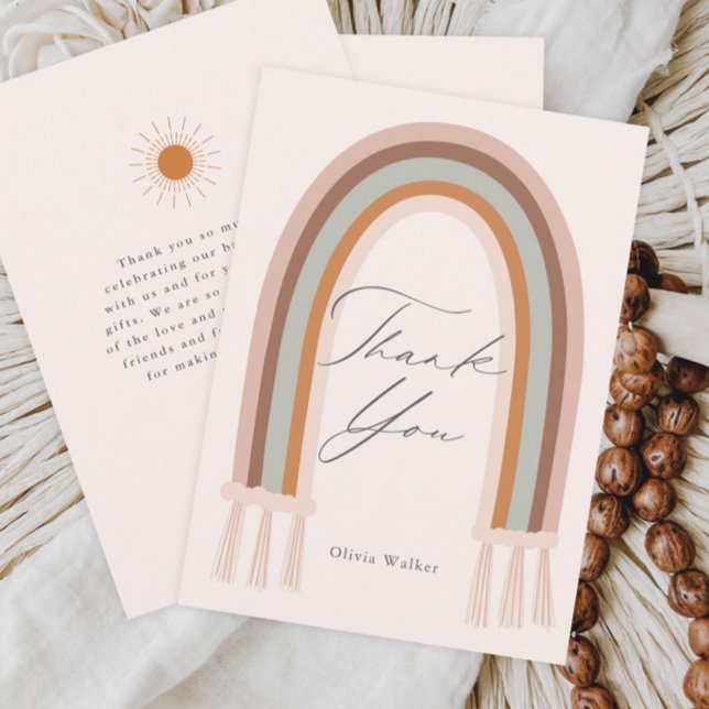 Tarjeta De Agradecimiento Boho Earth Tone Rainbow Baby Shower (Boho Earth Tone Rainbow Baby Shower Two-Sided Flat Thank you Card.)