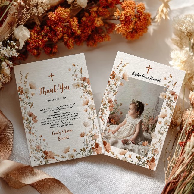 Tarjeta De Agradecimiento Boho elegante Wildflower Dusty Rosa Foto Bautismo (Boho elegant Wildflower Dusty Rose Photo Baptism Thank You Card)