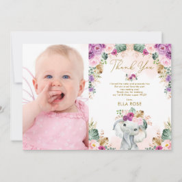 Tarjeta De Agradecimiento Boho Elephant Chica Pink Purple Floral Cumpleaños