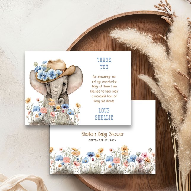 Tarjeta De Agradecimiento Boho Elephant Cowboy Wildflower Baby Shower (Thank you cards from the Boho Elephant Baby Shower Collection by Darling & May)