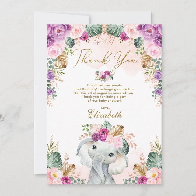 Tarjeta De Agradecimiento Boho Elephant Rubor Pink Purple Floral Baby Shower (Anverso)