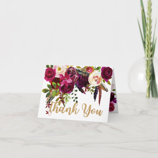 Tarjeta De Agradecimiento Boho Fall Bouquet Floral Gracias (Anverso)