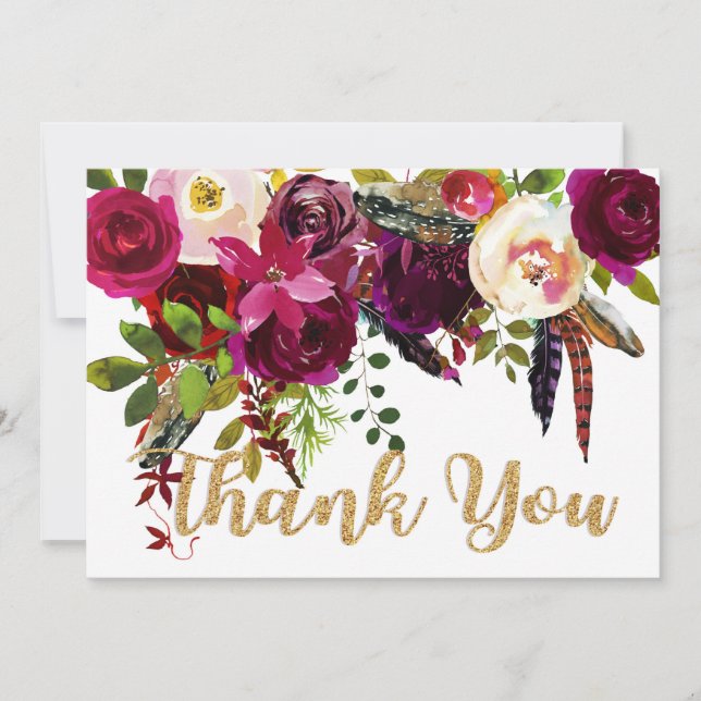 Tarjeta De Agradecimiento Boho Fall Floral Gold Moderno Gracias (Anverso)
