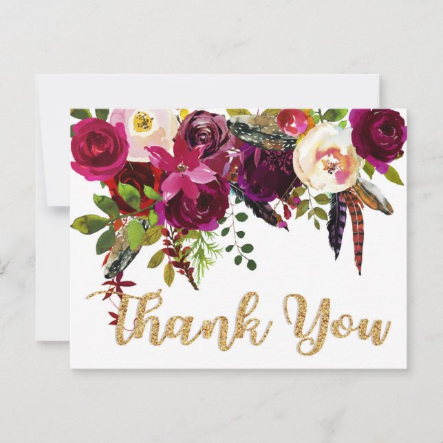 Tarjeta De Agradecimiento Boho Fall Floral Gold Moderno Gracias (Anverso)