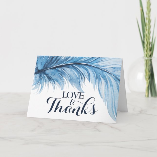 Tarjeta De Agradecimiento Boho Feather Navy Blue Watercolor Boda (Anverso)