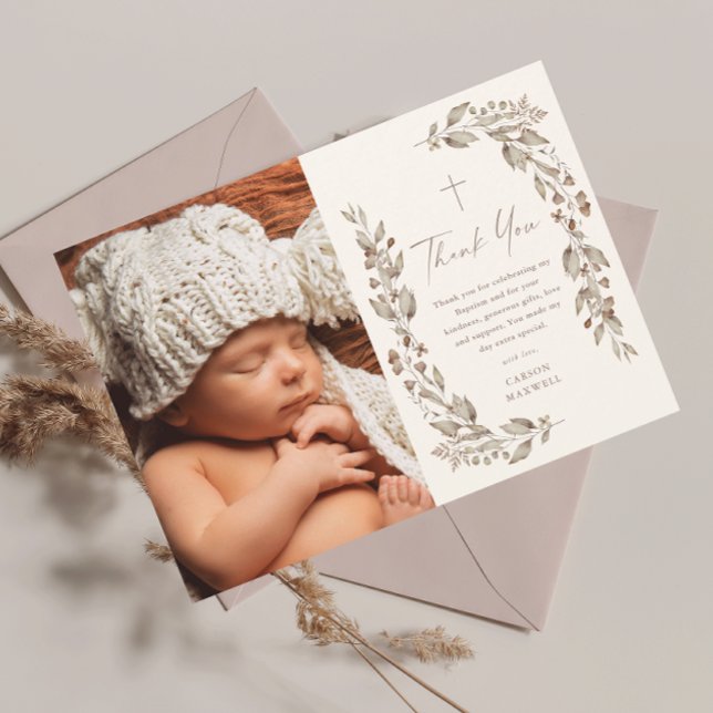 Tarjeta De Agradecimiento Boho Flor silvestre Género Bautismo fotográfico ne (Boho wildflower elegant ivory gender neutral photo baptism thank you card.)