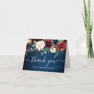 Tarjeta De Agradecimiento Boho floral azul Rubor de la Marina Borgoña
