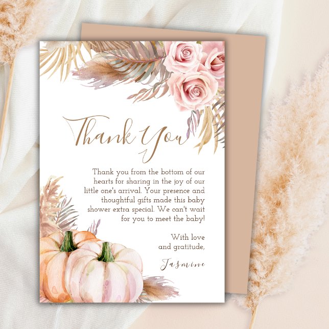 Tarjeta De Agradecimiento Boho Floral Calabaza Caída Baby Shower Gracias (Subido por el creador)
