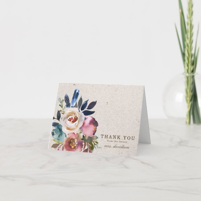 Tarjeta De Agradecimiento Boho Floral Feather Rustic Shower (Anverso)