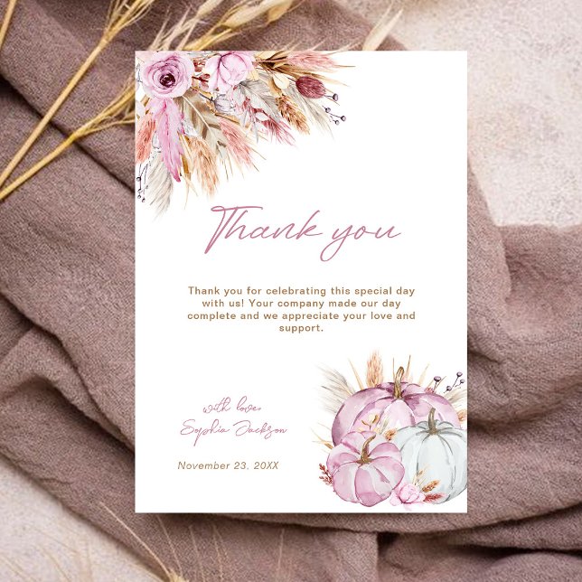 Tarjeta De Agradecimiento Boho Floral Little Pink Pumpkins Baby Shower (Subido por el creador)