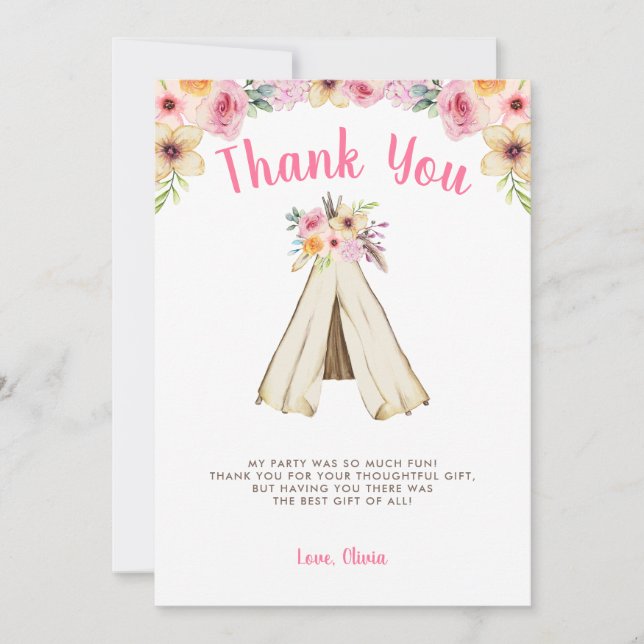 Tarjeta De Agradecimiento Boho Floral Tribal Teepee Cumpleaños (Anverso)