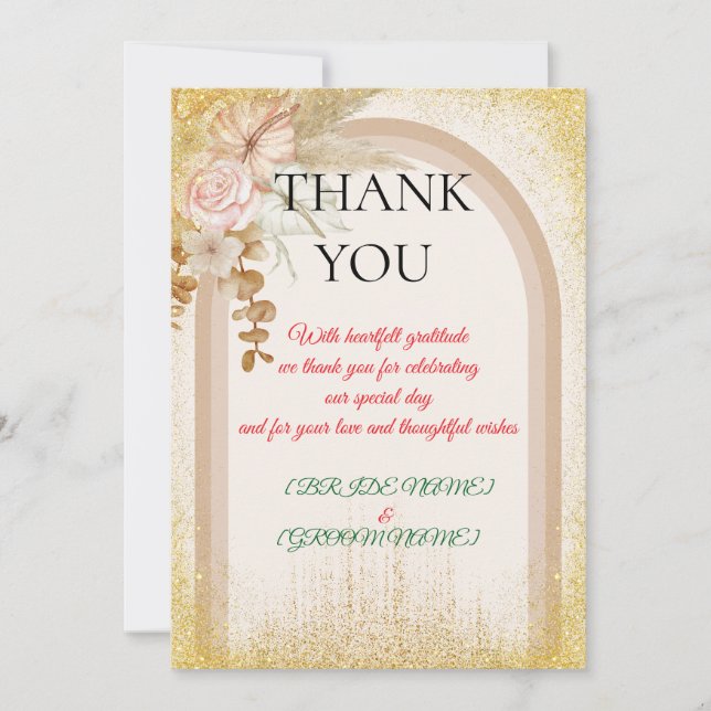 Tarjeta De Agradecimiento Boho Floral Wedding Thank You Card with Gold Spark (Anverso)