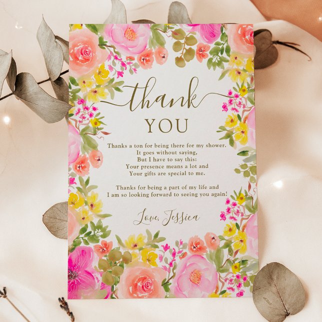 Tarjeta De Agradecimiento Boho flores silvestres jardín ducha de novia rosa (Boho wild flowers garden pink bridal shower thank you card)