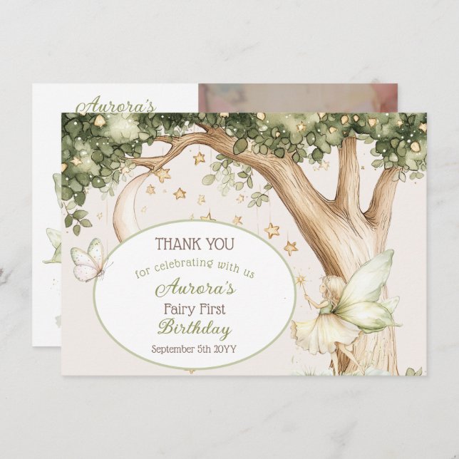 Tarjeta De Agradecimiento Boho forest Fairy First birthday photo (Anverso / Reverso)