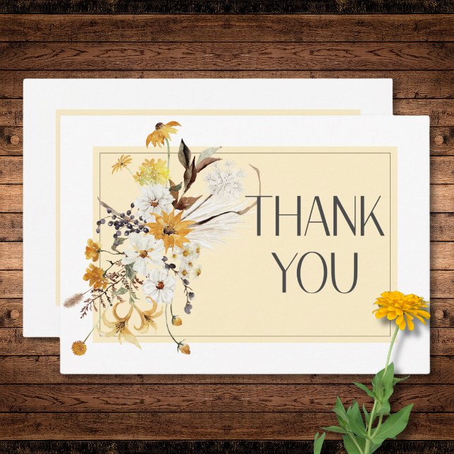 Tarjeta De Agradecimiento Boho Golden Yellow Meadow florió Boda amarillo (Boho Golden Yellow Meadow Flowers Yellow Wedding Thank You Card)