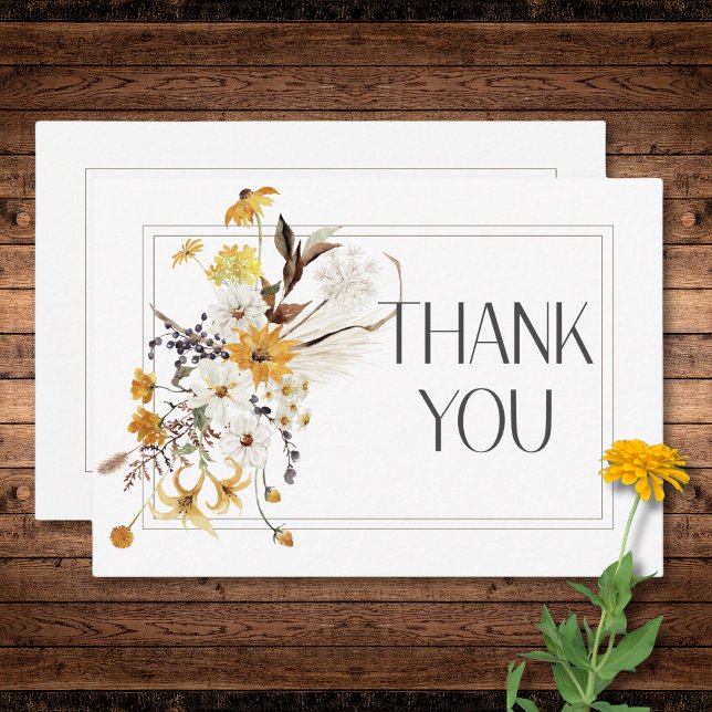 Tarjeta De Agradecimiento Boho Golden Yellow Meadow florió Boda blanco (Boho Golden Yellow Meadow Flowers White Wedding Thank You Card)