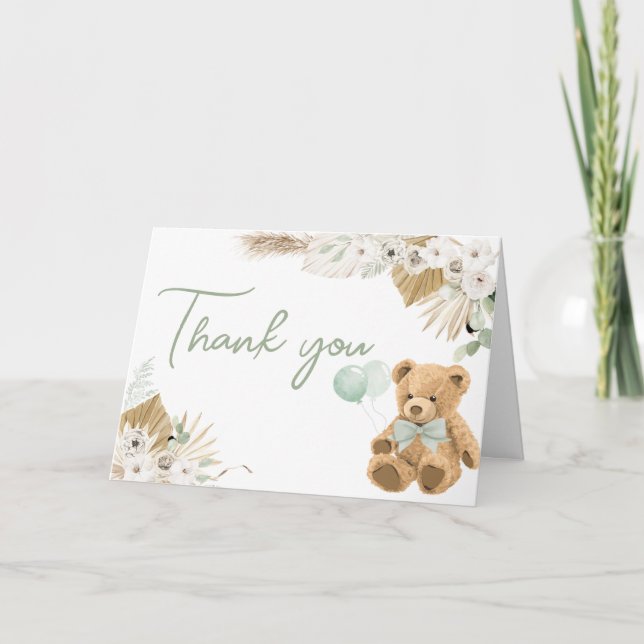 Tarjeta De Agradecimiento Boho Green Bear Baby Shower (Anverso)