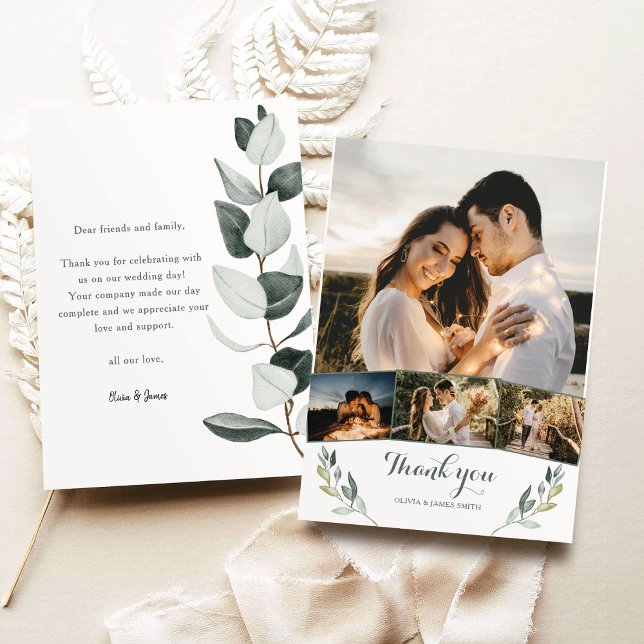 Tarjeta De Agradecimiento Boho Greenery Eucalyptus 4 Fotos Boda (Subido por el creador)