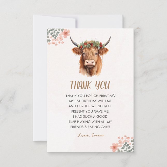 Tarjeta De Agradecimiento Boho Highland Cow (Anverso)