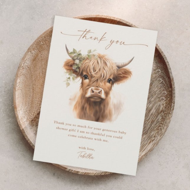 Tarjeta De Agradecimiento Boho Highland Cow Neutral Fiesta de Bebé de Pareja (Boho highland cow baby shower thank you card.)