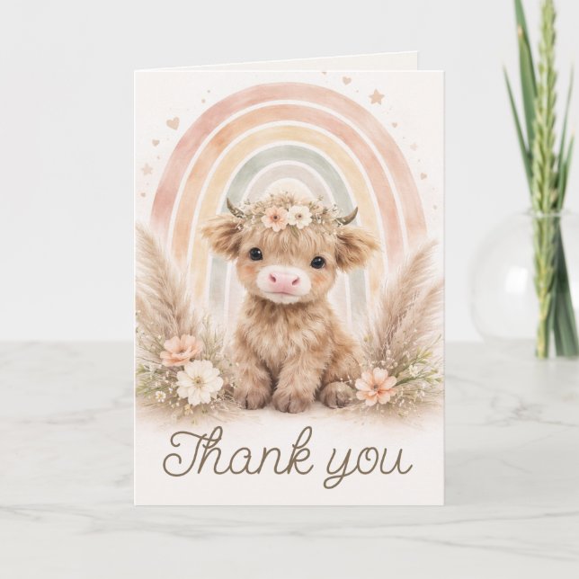 Tarjeta De Agradecimiento Boho Highland Cow Rainbow Baby Shower Blank (Anverso)