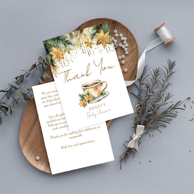 Tarjeta De Agradecimiento Boho invierno ducha bebé fiesta de té gracias (Boho winter baby shower tea party thank you card watercolor pines gold poinsettia tea cup thank you )