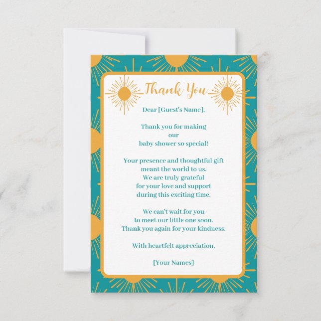 Tarjeta De Agradecimiento Boho Little Ray de Sun Turquoise Baby Shower (Anverso)