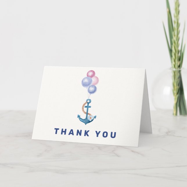 Tarjeta De Agradecimiento Boho Minimal Nautical Anchor Balloon Baby Shower (Anverso)