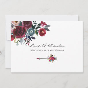 Tarjeta De Agradecimiento Boho Moda Borgoña y Boda floral de la Marina