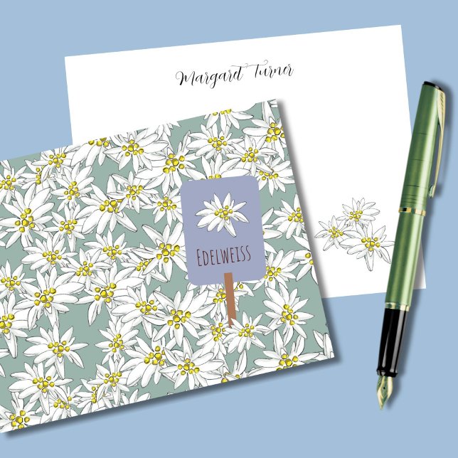 Tarjeta De Agradecimiento Boho Moda Edelweiss Alpine Wildflower Sage Green (This boho sage green thank you card features my own hand-drawn Edelweiss Alpine wildflowers.)