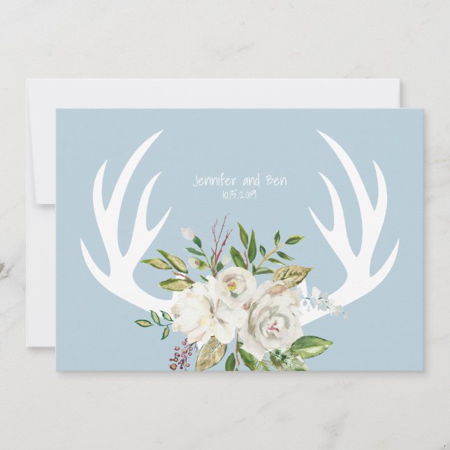 Tarjeta De Agradecimiento Boho Moda Floral Antlers Boda Azul (Anverso)