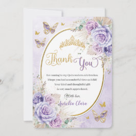 Tarjeta De Agradecimiento Boho Moda Pampas Purple Lilac Floral Quinceañera