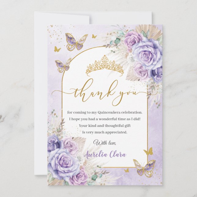 Tarjeta De Agradecimiento Boho Moda Pampas Purple Lilac Floral Quinceañera (Anverso)