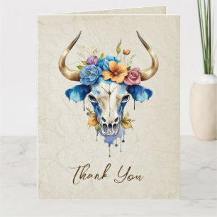 Tarjeta De Agradecimiento Boho Moda Watercolor Floral Cow Skull Boda