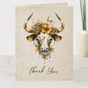 Tarjeta De Agradecimiento Boho Moda Watercolor Floral Cow Skull Boda