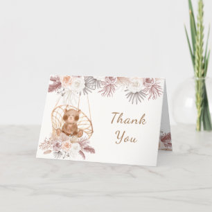 Tarjeta De Agradecimiento Boho moderno Teddy Bear Pampas Floral Baby Shower