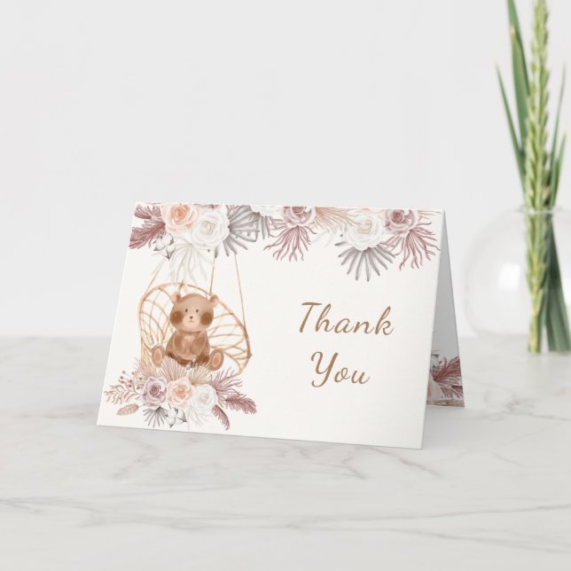 Tarjeta De Agradecimiento Boho moderno Teddy Bear Pampas Floral Baby Shower (Anverso)