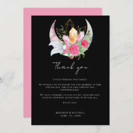 Tarjeta De Agradecimiento Boho Moon Crystals Feathers Pink Flowers Boda