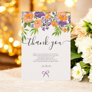 Tarjeta De Agradecimiento Boho Naranja Purple Floral Watercolor Bridal Showe