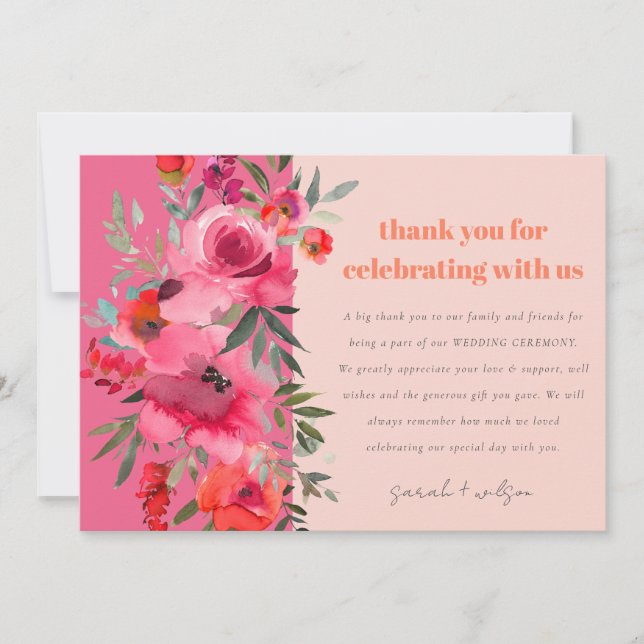 Tarjeta De Agradecimiento Boho Naranja rosa caliente acuarela Boda floral (Anverso)