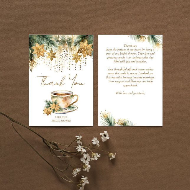Tarjeta De Agradecimiento Boho Navidades de invierno ducha de novia fiesta d (Boho Christmas winter bridal shower tea party Thank You Card watercolor gold poinsettia pines thank)
