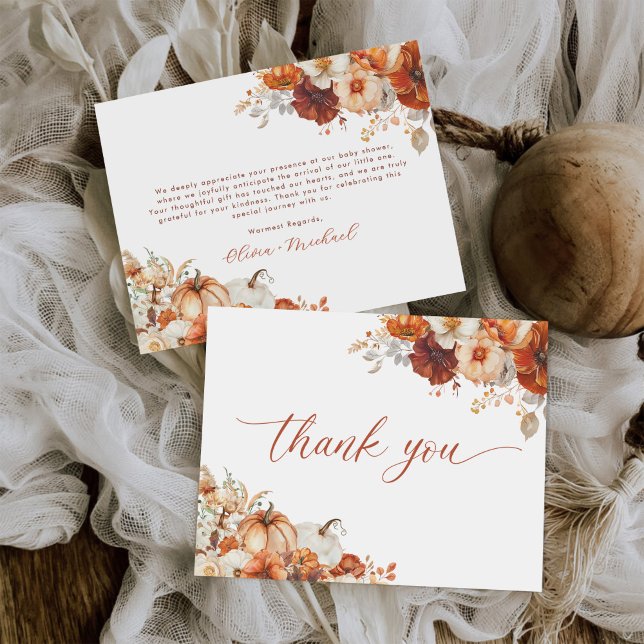 Tarjeta De Agradecimiento Boho Otoño Floral Calabaza Baby Shower  (Subido por el creador)