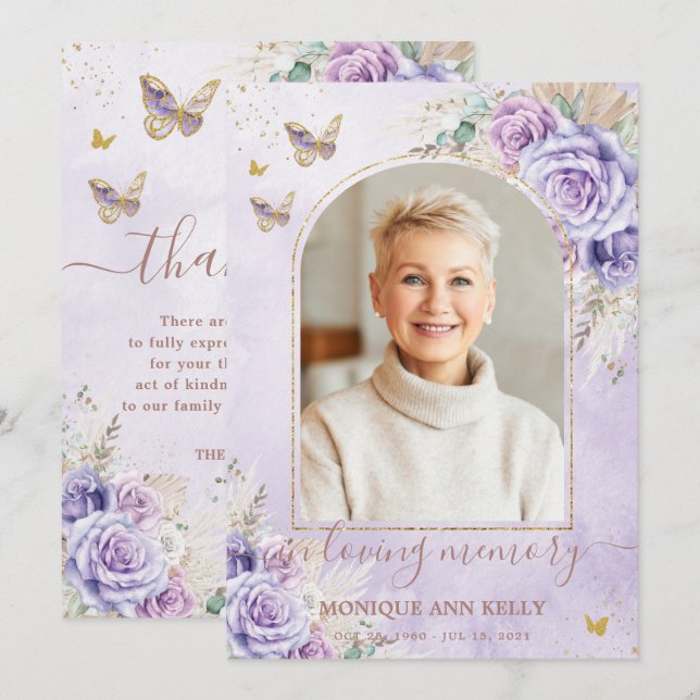 Tarjeta De Agradecimiento Boho Pampas Floral Morado Foto Funeral Memorial (Anverso / Reverso)