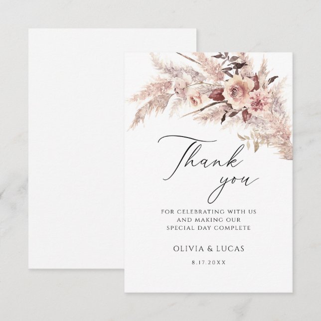 Tarjeta De Agradecimiento Boho Pampas Grass Dry Flowers Floral Cream Boda (Anverso / Reverso)