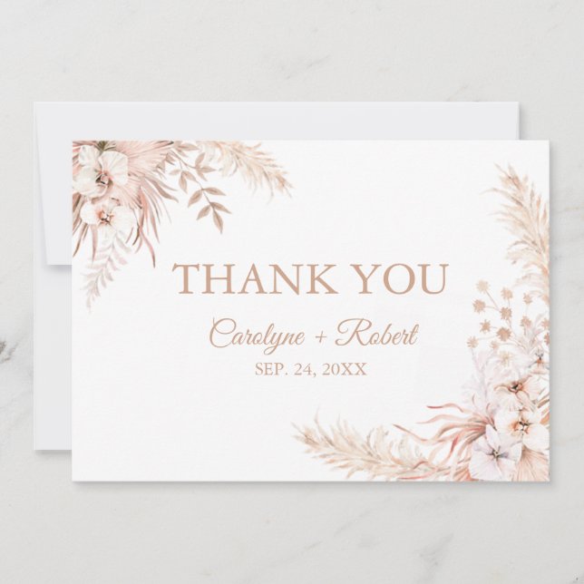 Tarjeta De Agradecimiento Boho Pampas Grass Floral Boda (Anverso)