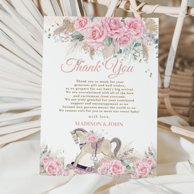 Tarjeta De Agradecimiento Boho Pampas Grass Pink Floral Roca Hípica Bebé (Subido por el creador)