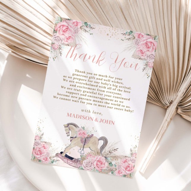 Tarjeta De Agradecimiento Boho Pampas Grass Pink Floral Roca Hípica Bebé (Subido por el creador)