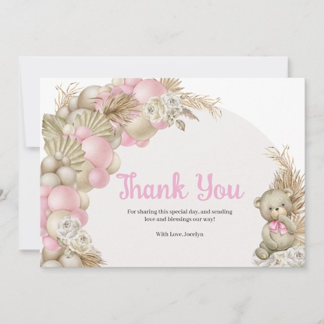 Tarjeta De Agradecimiento Boho Pampas Grass Teddy Bear Baby Shower (Anverso)