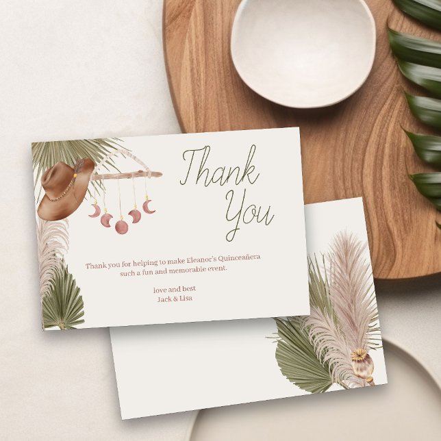 Tarjeta De Agradecimiento Boho Pampas Grass Western Cowgirl (Boho Western Mystical themed thank you card from my Western Boho Quinceanera Collection)